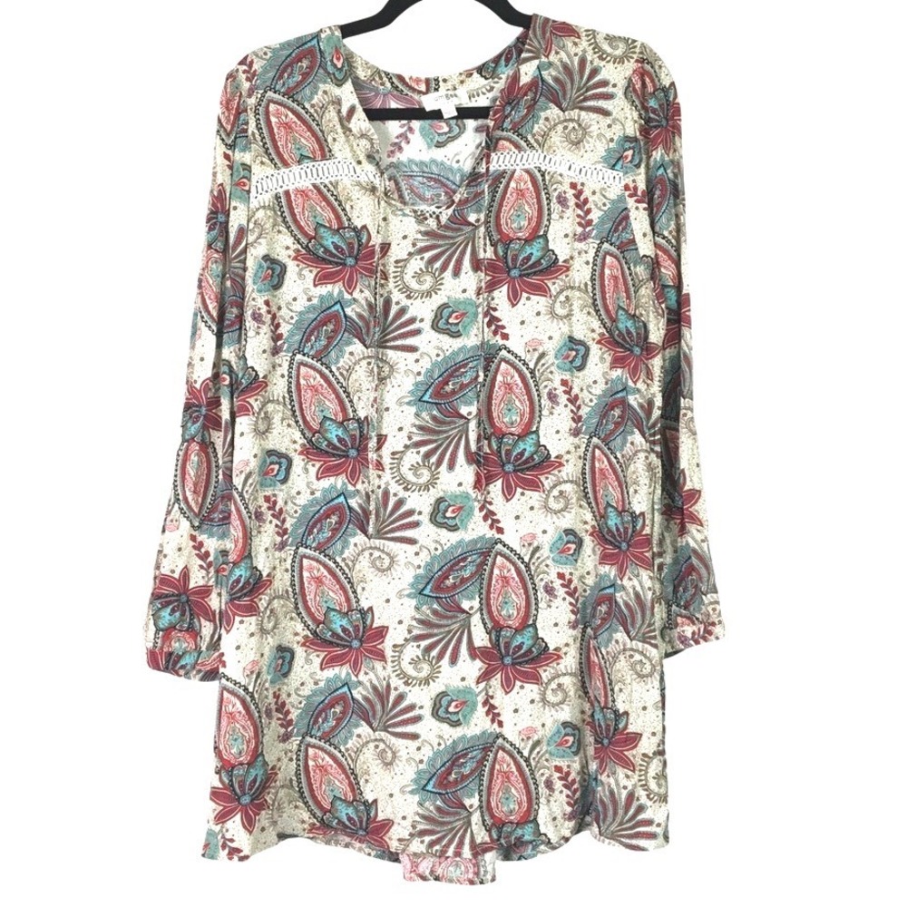 Umgee Paisley Crochet Lace Tassel Tie Tunic Top Dress Large Multicolor